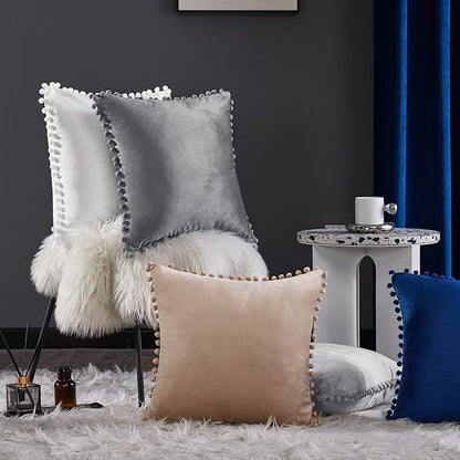 Deconovo Velvet Throw Pillow Covers, Set of 2, Decorative Pom-poms Soft with Invisible Zipper Cover for Sofa,Light Khaki,26x26 Inch