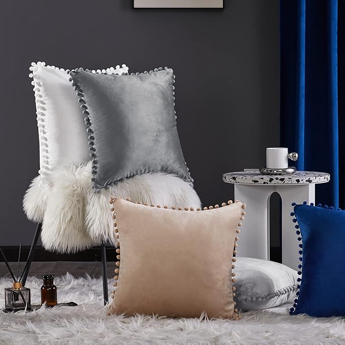Deconovo Velvet Throw Pillow Covers, Set of 2, 20” x 20” Light Khaki, Square Pom-poms Soft with Invisible Zipper Cover for Sofa Couch Car