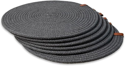 Round Placemats, Set of 6, Handmade by Braided Cotton Cord for Kitchen and Dining Table, Dia. 12.6 Inch, Doublesided, Heat Resistant, Dark Gray