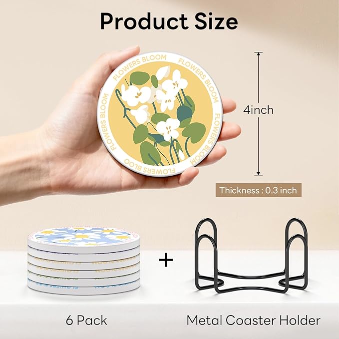 6-Piece Ceramic Coaster Set with Tray Diameter: 3.94 in Thickened Absorbent Material Heat-Resistant and Water-Absorbent Coaster Set Suitable for All Types of Cups， Flowers