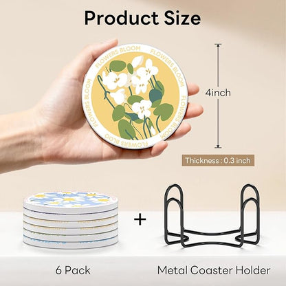 6-Piece Ceramic Coaster Set with Tray Diameter: 3.94 in Thickened Absorbent Material Heat-Resistant and Water-Absorbent Coaster Set Suitable for All Types of Cups， Flowers