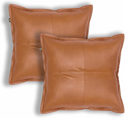 LL LEATHER LOVERS Lambskin Leather Pillow Cover - Sofa Cushion Case - Decorative Throw Covers for Living Room & Bedroom, 14x14 Inches - Camel Antique Box Pack of 2