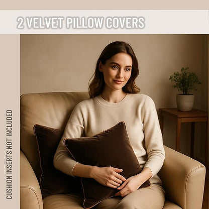 2 Pack Velvet Decorative Throw Pillow Covers, 20"x20", Brown and Camel, Solid, Modern, Contrast Piping, Indoor Use, Bedroom & Living Room