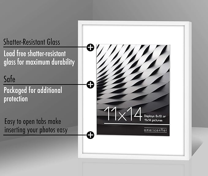 Americanflat 11x14 Picture Frame with Shatter-Resistant Glass - Use as 8x10 Frame with Mat or Display 11x14 Photo Without Mat - Streamline Collection - Thin Border Picture Frames for Wall - White