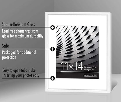 Americanflat 11x14 Picture Frame with Shatter-Resistant Glass - Use as 8x10 Frame with Mat or Display 11x14 Photo Without Mat - Streamline Collection - Thin Border Picture Frames for Wall - White