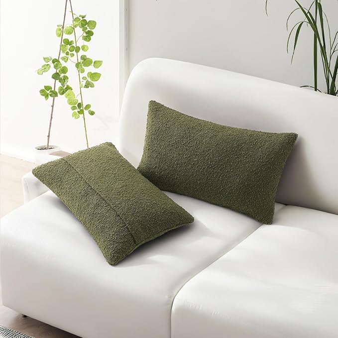 HAUSSY Set of 2 12x20 Decorative Throw Pillow Covers, Soft Cozy Textured Boucle Lumbar Pillow Cases, Home Decor for Couch Bed Living Room, Moss Green