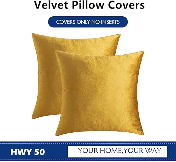 HWY 50 Dark Gold Velvet Throw Pillow Covers 22x22 Inch, Pack of 2 Soft Cozy Solid Decorative Luxury Cushion Cases for Couch Sofa Bed Living Room Bedroom