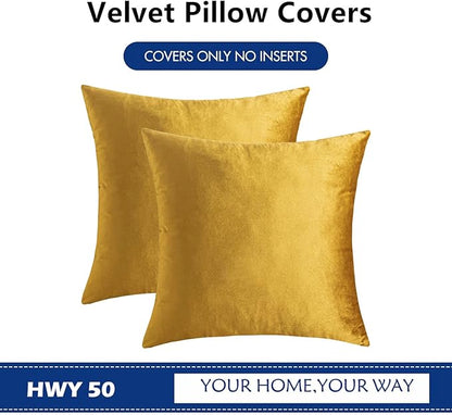 HWY 50 Dark Gold Velvet Throw Pillow Covers 18x18 Inch, Pack of 2 Soft Cozy Solid Decorative Luxury Cushion Cases for Couch Sofa Bed Living Room Bedroom