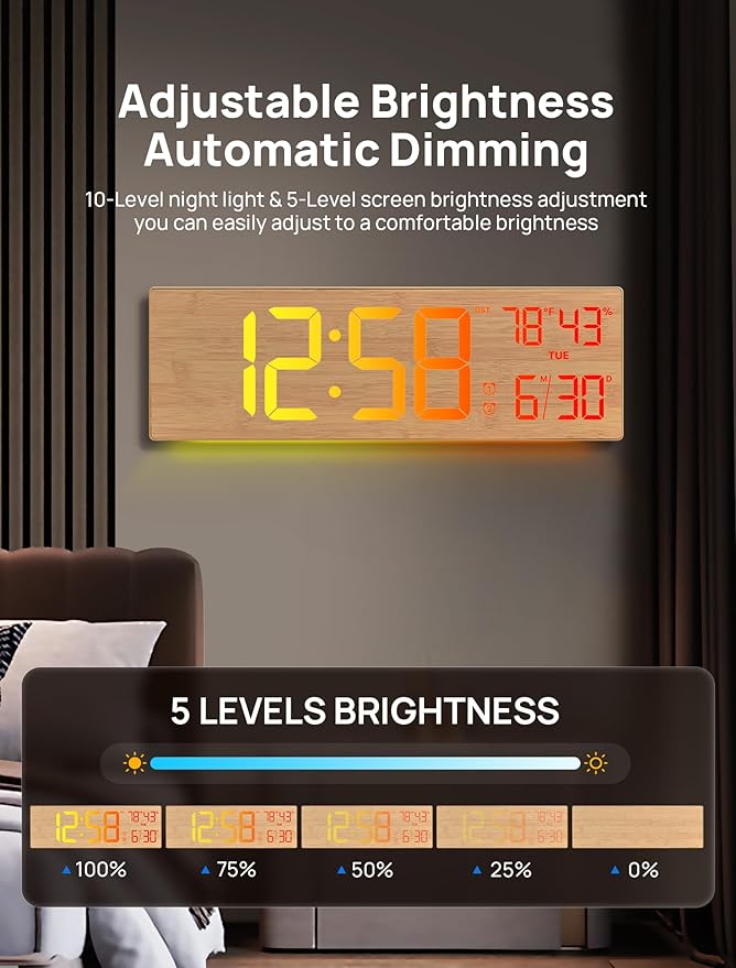 2025 Upgrade 18.5" Large Digital Wall Clock with Remote Control, Big LED Display Digital Clocks with Night Light, Alarm, Countdown, DST, Temp for Living Room, Bedroom, Office, Gift for Seniors(Bamboo)