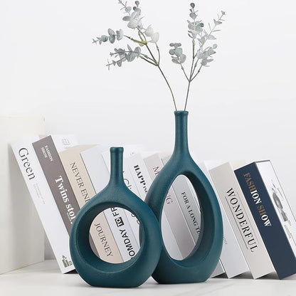 Green Ceramic Hollow Elliptical Vase Set of 2 - Boho Circle Vase with Hole, for Modern Green Table Decor, Living Room Decor Shelf mid Century Modern Home Entrance Decorative vase