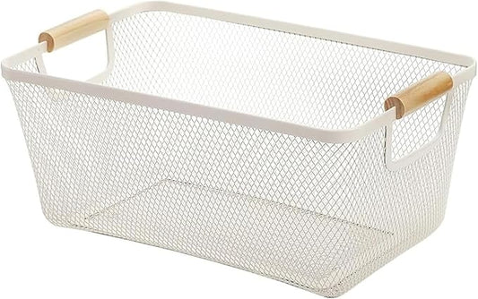 Metal Mesh Steel Basket, Medium Wire Storage Organizer Basket Multi-function Hanging Kitchen Basket with Wood Handle for Kitchen Bathroom Picnic Home, Rectangle-Off White