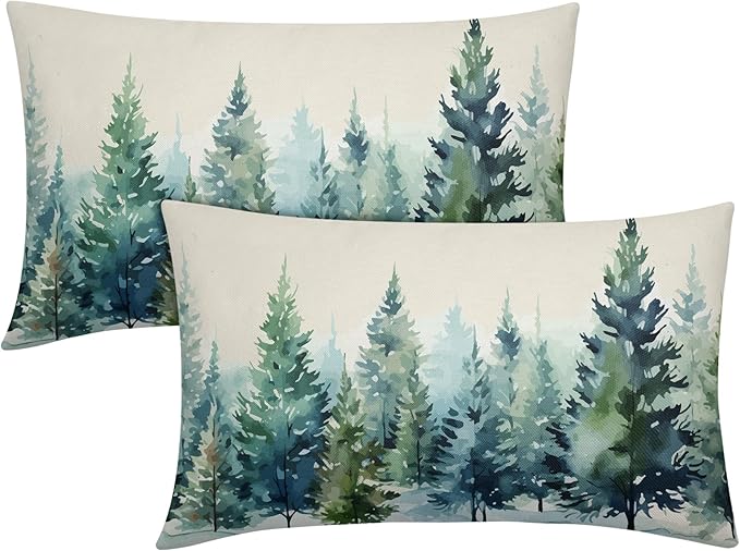Watercolor Christmas Tree Lumbar Pillow Covers 12x20 Set of 2 Blue Green Xmas Print Vintage Decorative Outdoor Throw Pillow Cases Winter Holiday Decoration Farmhouse Sofa Couch Cushion Cover Bed Decor