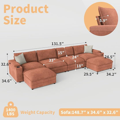 148.7" U Shaped Cloud Sofa Couch with Ottoman, Storage Armrest, Cup Holders, USB & Type-C Ports, Spring Cushions, Solid Wood Frame, Chenille Modular Sectional for Living Room (Coffee-U-148.7")