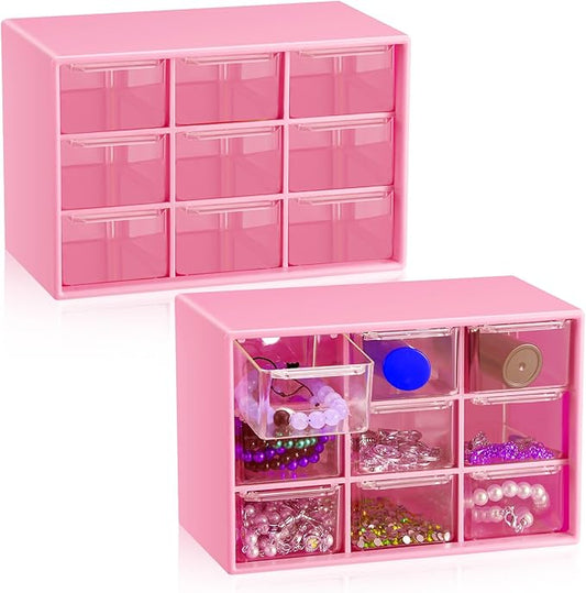 Wenqik 2 Pcs Mini Storage Drawers Teacher Toolbox Organizer with 9 Clear Drawers Small Plastic Desktop Teacher Desk Craft Organizer for Classroom Office 7" x 3. 9" x 4. 7"(Rose Red)