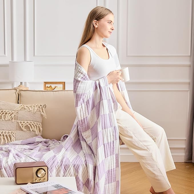 EMME Checkered Cotton Blanket Queen Size for Bed Soft Large Muslin Bed Blankets 80"x90" Lightweight Breathable Cooling All Season, Lavender