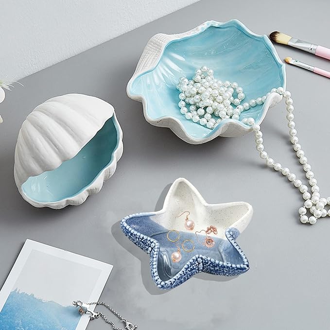 Starfish Jewelry Dish Tray, Ceramic Ring Holder for Jewelry, Trinket Tray Candy Dishes, Jewelry Tray Jewelry Plate Small Key Bowl for Entryway Table Birthday Home Party Decor (D STYLE)
