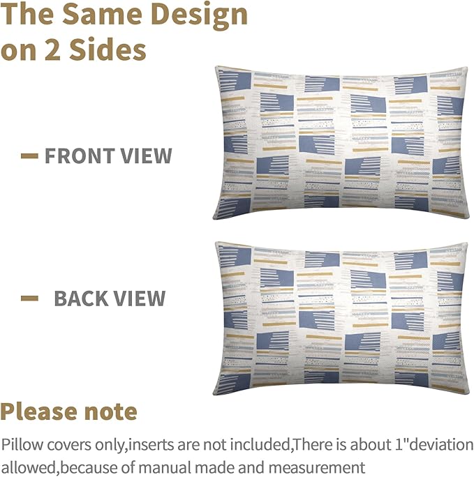 Blue Yellow Striped Lumbar Pillow Covers 12x20 Set of 2 Beige Pattern Neutral Decorative Outdoor Boho Pillowcases with Zipper Rustic Farmhouse Decorations Throw Cushion Cover Decor for Couch Sofa Bed
