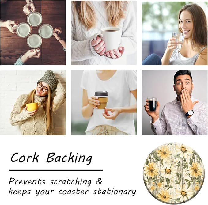 Coasters Set of 6 Wood Grain Daisy Pattern Ceramic Drink Coaster with Cork Base Modern Style Coasters for Mugs and Cups Office Kitchen 4 in
