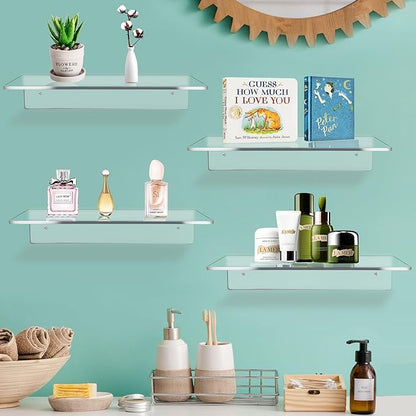 Jansburg 12 Inch L-Shaped Acrylic Floating Shelf Wall Mounted Shelves Invisible 5MM Thick Shelf for Wall Storage Clear Shelves for Makeup Photo Picture Book Record Display 2 Pack