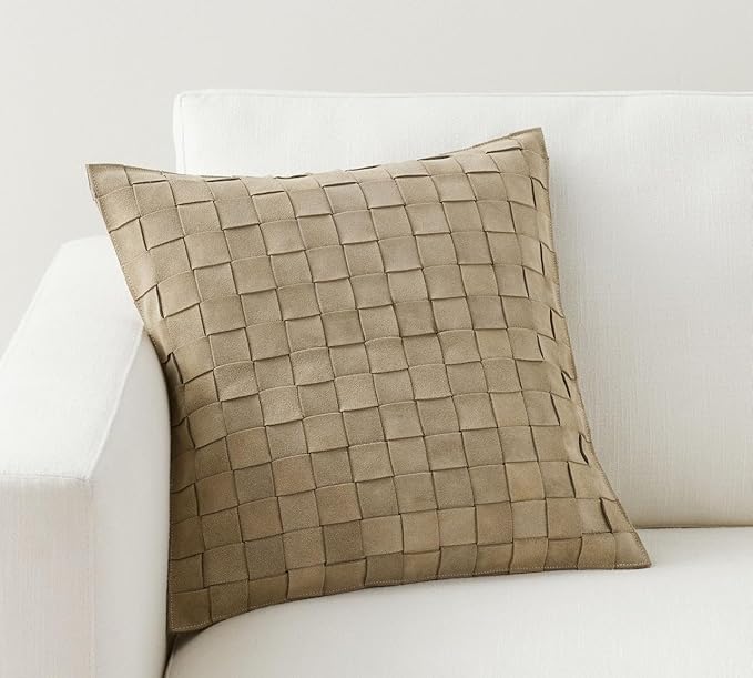 Genuine Lamb Leather Cushion Pillow Cover - Luxury Leather Pillow Case - Modern, Boho, Farmhouse Home Decor - Bedroom Couch, Living Room, Sofa Bed (Basketweave - Stone, 18" x 18")