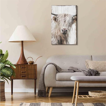 1Pcs Highland Cow Wall Art Farmhouse Cow Canvas Wall Decor Picture White Wildlife Painting Vintage Highland Cattle Print Artwork for Living Room Office Kitchen Bathroom Home Decoration 12x16IN