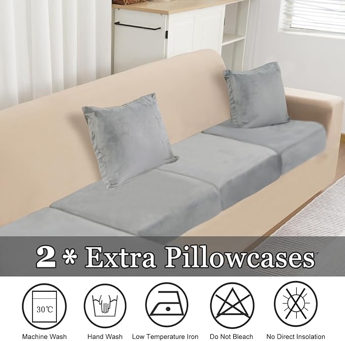 NAISI Sectional Couch Covers 6 Pieces Velvet Couch Cushion Covers L Shape Soft Stretch Sofa Slipcovers with 2pcs Pillowcases for Left/Right Chaise Sectional Couch(2 Seater+1 Chaise+3 Back,Light Grey)