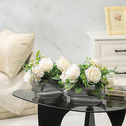 Ribbed Glass Vases, Small Vases for Flowers Set of 2, Black Glass Vase for Centerpieces, Rectangle Bud Vases for Living Room, Bedroom, Kitchen, Dining Table, Shelf, Wedding
