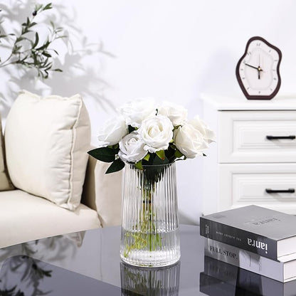 Clear Glass Vase for Flower, Flower Vase for Bouquet, Modern Glass Vases, Ribbed Vases for Living Room, Bedroom, Dining Table, Office, Wedding, Centerpieces, 8 Inches