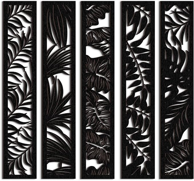 Blulu 5 Pieces Wooden Wall Art Hollow Wall Decor Wood Panels for Home Decorations Bedroom Living Room, 15.7 x 2.9 x 0.2 Inch(Leaf,Black)