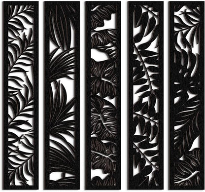 Blulu 5 Pieces Wooden Wall Art Hollow Wall Decor Wood Panels for Home Decorations Bedroom Living Room, 15.7 x 2.9 x 0.2 Inch(Leaf,Black)