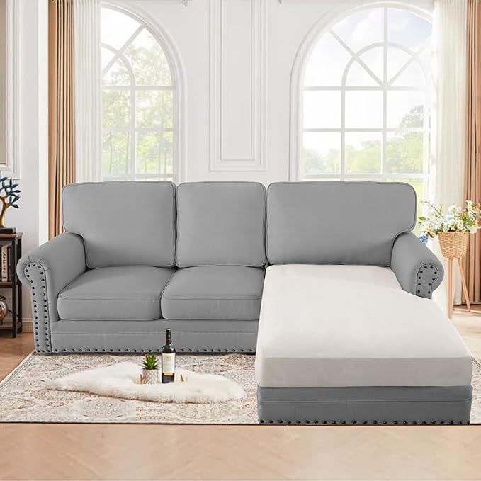 H.VERSAILTEX Suede Chaise Cover Stretch Sectional Couch Covers L Shape Sofa Both Left/Right Soft Couch Seat Covers for Pets Washable(1 Piece Chaise Cover, Natural)