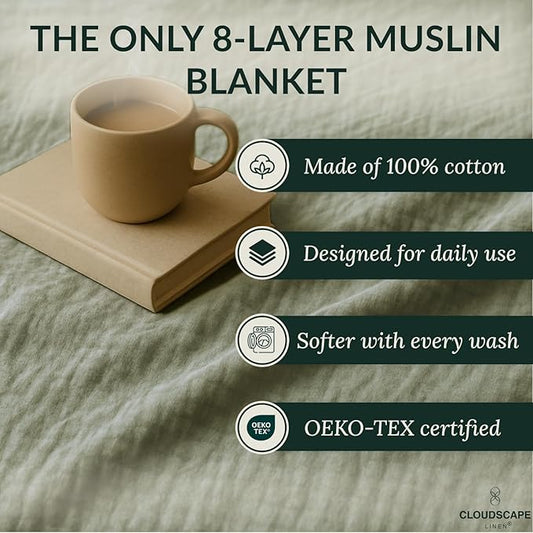 Cloud Scape Linen Extra Large 8 Layer Muslin Throw Blanket - 100% Cotton Gauze, Soft and Breathable, Winter Blanket for Couch, Sofa and Bed, Idea, 50x70, Sage Green