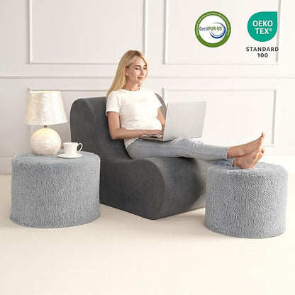 Hansleep Pouf Ottoman Foam Filled 20 x 15, Faux Fur Round Ottoman Foot Rest for Chair with Washable Cover, Foot Stools Under Desk for Living Room & Bedroom, Grey