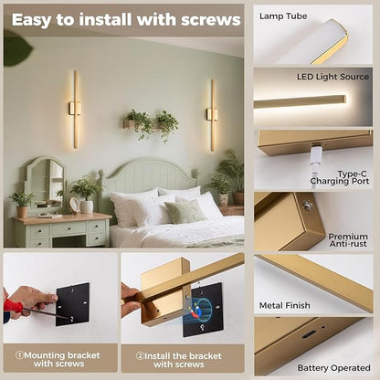 Gold Battery Operated Wall Sconces Set of Two Wireless，Modern Rechargeable Wall Lights Set of 2 with 10000mAh，Dimmable Led Wall Lamps for Living Room Bathroom Bedroom Hallway Headboard Indoor