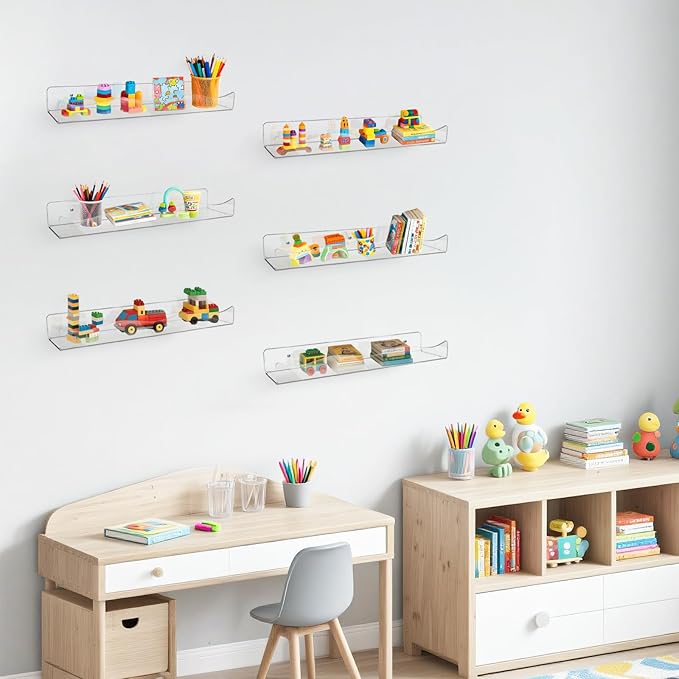 Acrylic Wall Shelf Organizers 15 Inch Floating Shelf for Wall Decor Bookshelf for Kids Modern Clear Wall Mount Shelf for Living Room, Bedroom, Bathroom (6, Clear)