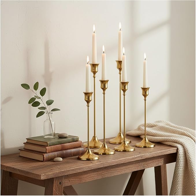 Candle Holder, Modern Minimalist Brass Gold Metal Candlestick Holders, Set of 3 Tall - Elegant Taper Candle Holders for Table Centerpiece, Wedding, Dinner Party Home Decor (2 Set 6 pcs)
