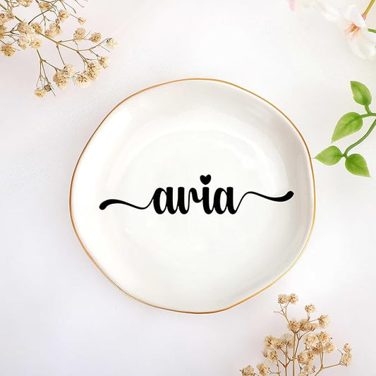 JoycuFF Aria Personalized Name Ceramic Jewelry Tray, Mothers Day Christmas Anniversary Engagement Birthday Gifts for Women Couples, Trinket Dish for Rings Earrings Necklaces Bracelets Keys