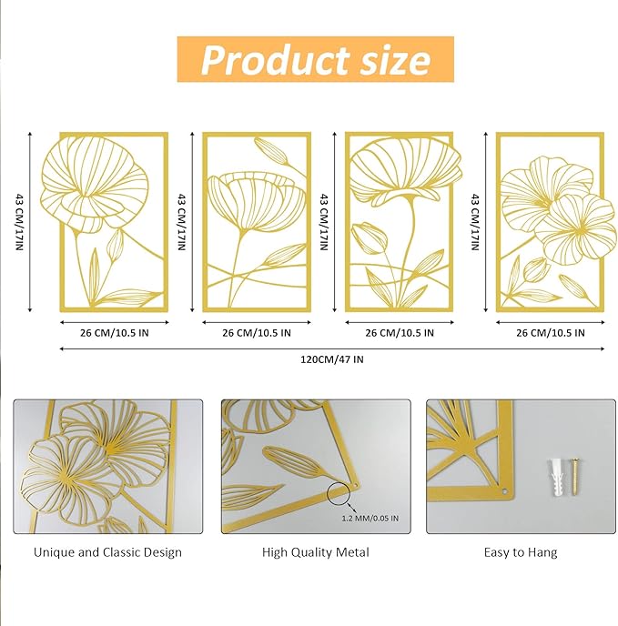 ESTART 4 Pieces Metal Lotus Wall Decor Abstract Floral Aesthetic Splicing Line Art Minimalist Wall Decor for Bedroom Flowers Hanging Wall Sculpture for Living Room Kitchen Office and Yoga Room (Gold)