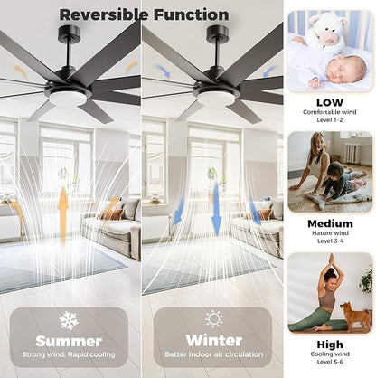 72 Inch Ceiling Fans with Lights and Remote Smart App, Indoor Black LED Big Ceiling Fan Reversible 24dB Quiet DC Motor, 6 Speed 3CCT Dimiable, Modern Ceiling Fans for LivingRoom Farmhouse Garage