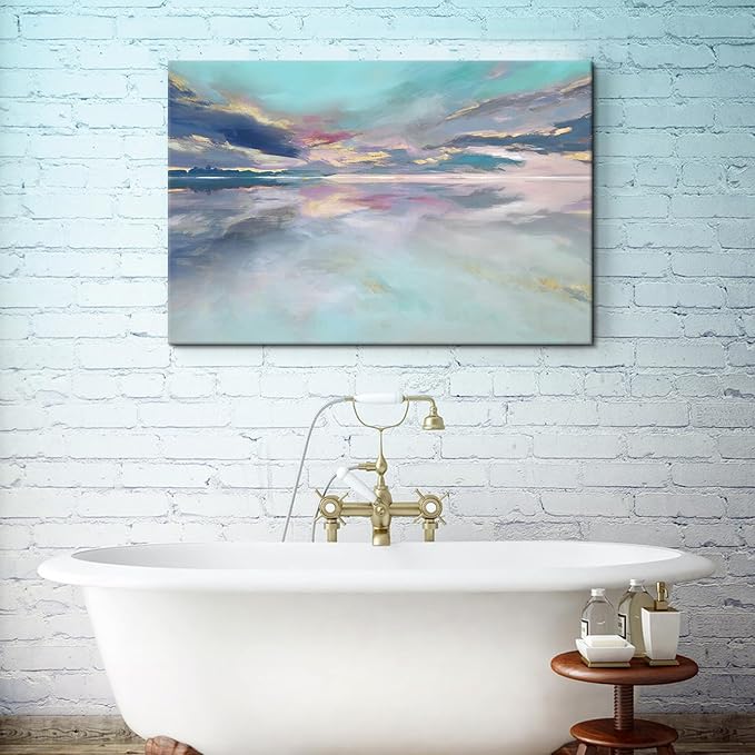 Goldfoilart Beach Abstract Wall Art Teal Green and Gold Decor Ocean Canvas Pictures Painting Framed Artwork for Living Room Bedroom Office Decorations 36"x24"
