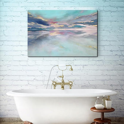 Goldfoilart Beach Abstract Wall Art Teal Green and Gold Decor Ocean Canvas Pictures Painting Framed Artwork for Living Room Bedroom Office Decorations 36"x24"