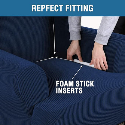 H.VERSAILTEX Wing Chair Slipcover Chair Covers for Wingback Chairs Wingback Chair Covers Slipcovers 1 Piece Stretch Sofa Cover Furniture Protector Soft Spandex Jacquard Checked Pattern, Navy