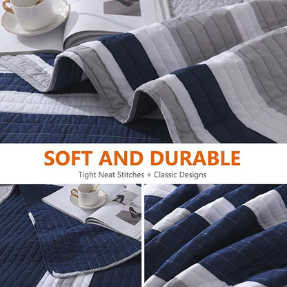 Quilts Queen Size - Queen Quilt Bedspread Sets, 100% Cotton Quilt Bedding Set for Queen Bed, 3 Pieces Striped Reversible Lightweight Quilted Quilt Set Bed Spread, Navy Blue