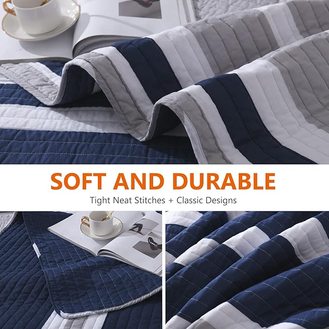 Quilts King Size - King Quilt Bedspread Sets, 100% Cotton Quilt Bedding Set for King Bed, 3 Pieces Striped Reversible Lightweight Quilted Quilt Set Bed Spread, Navy Blue