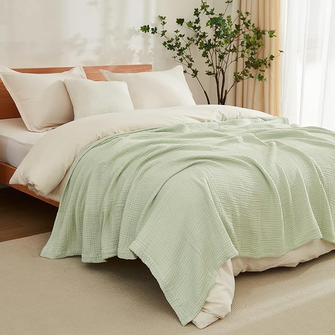 EMME Cotton Muslin King Blanket Bed Layering Breathable Gauze Blanket Soft Lightweight Blankets Adults (Mint Green, 108"x90")