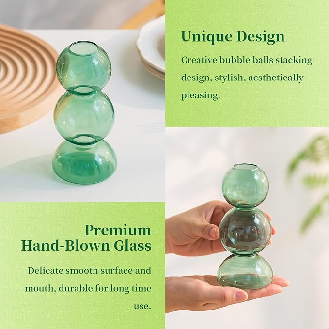 Glass Bubble Vases for Flowers, Hewory 2pcs Green Unique Cute Single Flower Vase for Centerpieces, Funky Aesthetic Vase Skinny Bud Vase, Cool Groovy Decor for Home Living Room Bedroom Office Tabletop