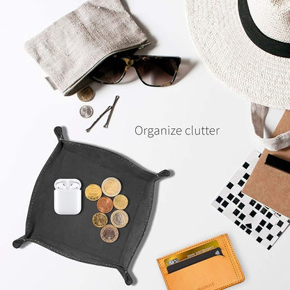 Maruse Italian Tumble Leather Valet Tray Organizer, Office Desk Accessory, Durable Leather Handmade in Italy (Black)