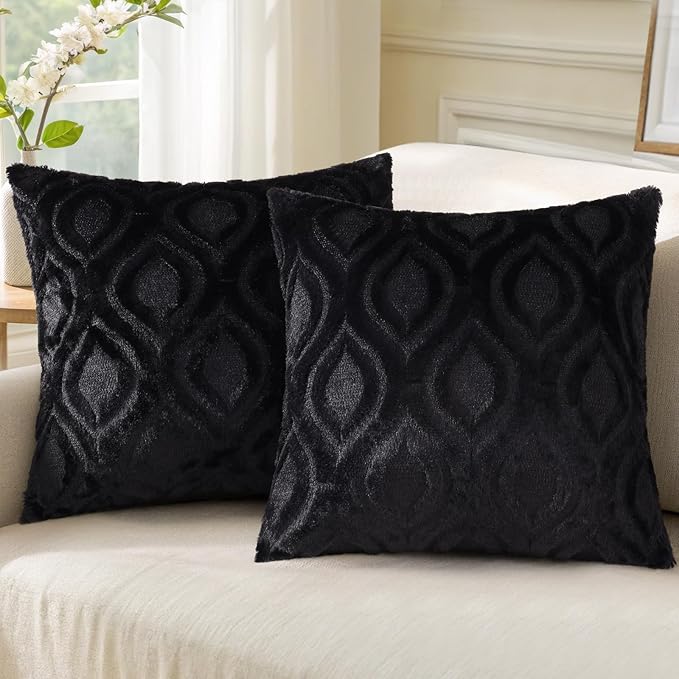 decorUhome Spring Throw Pillow Covers 20x20 Inch Set of 2, Soft Plush Faux Wool Black Solid Couch Pillow Covers, Accent Farmhouse Neutral Square Pillow Cases for Sofa Bed Living Room