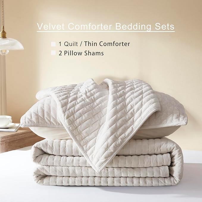 LEAONME Velvet Quilt California King Size 118''x106'', Lightweight White Velvet Comforter Set with 2 Matching Shams, Soft Cross Stitch Bedspread Coverlet, Oversized King Bedding Set for All Season