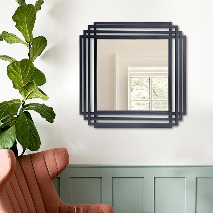 Modern Vanity Mirror, 24"x24" Geometric Art Deco Mirror with Black Metal Frame, Square Elegant Wall Mirrors for Living Room Bathroom Bedroom Entryway Hallway Fireplace